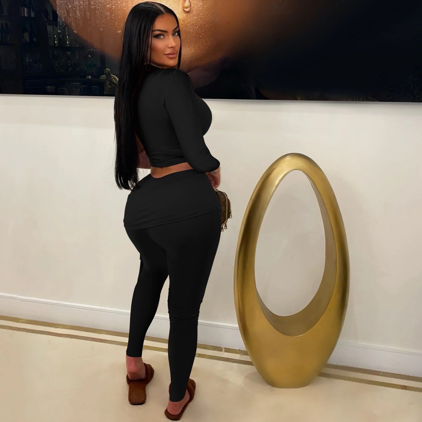 Single Shoulder Long Sleeve Tie Up Two Piece Pants Set