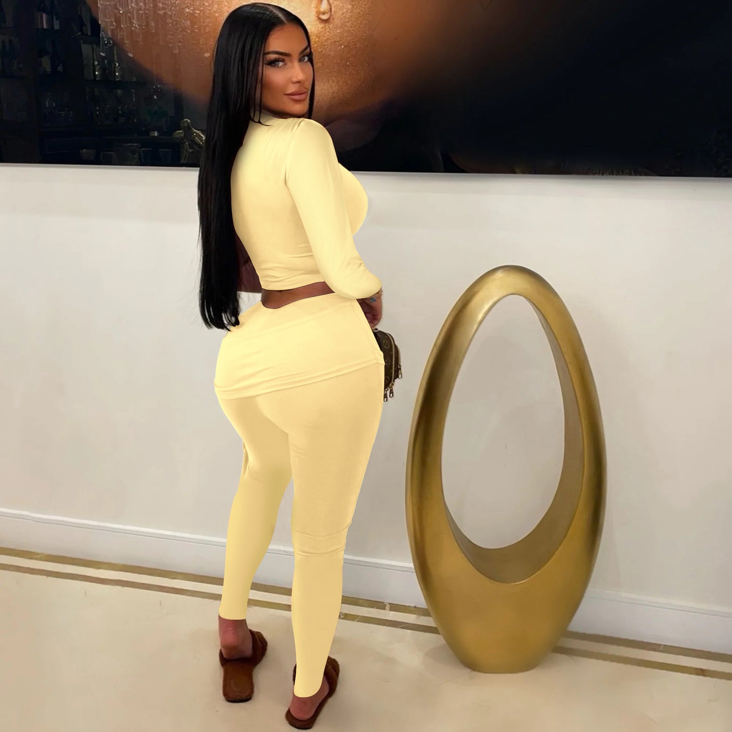 Single Shoulder Long Sleeve Tie Up Two Piece Pants Set