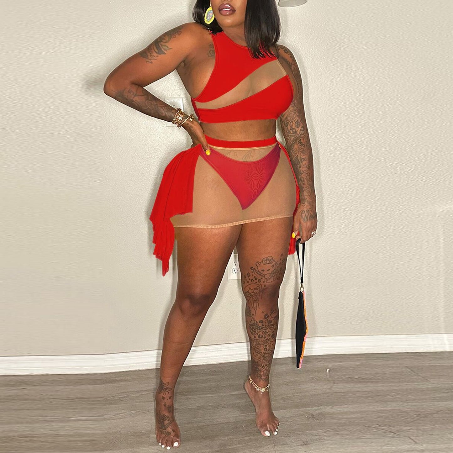 Plus Size Solid Mesh Patchwork Bikinis 3 Piece Swimsuit