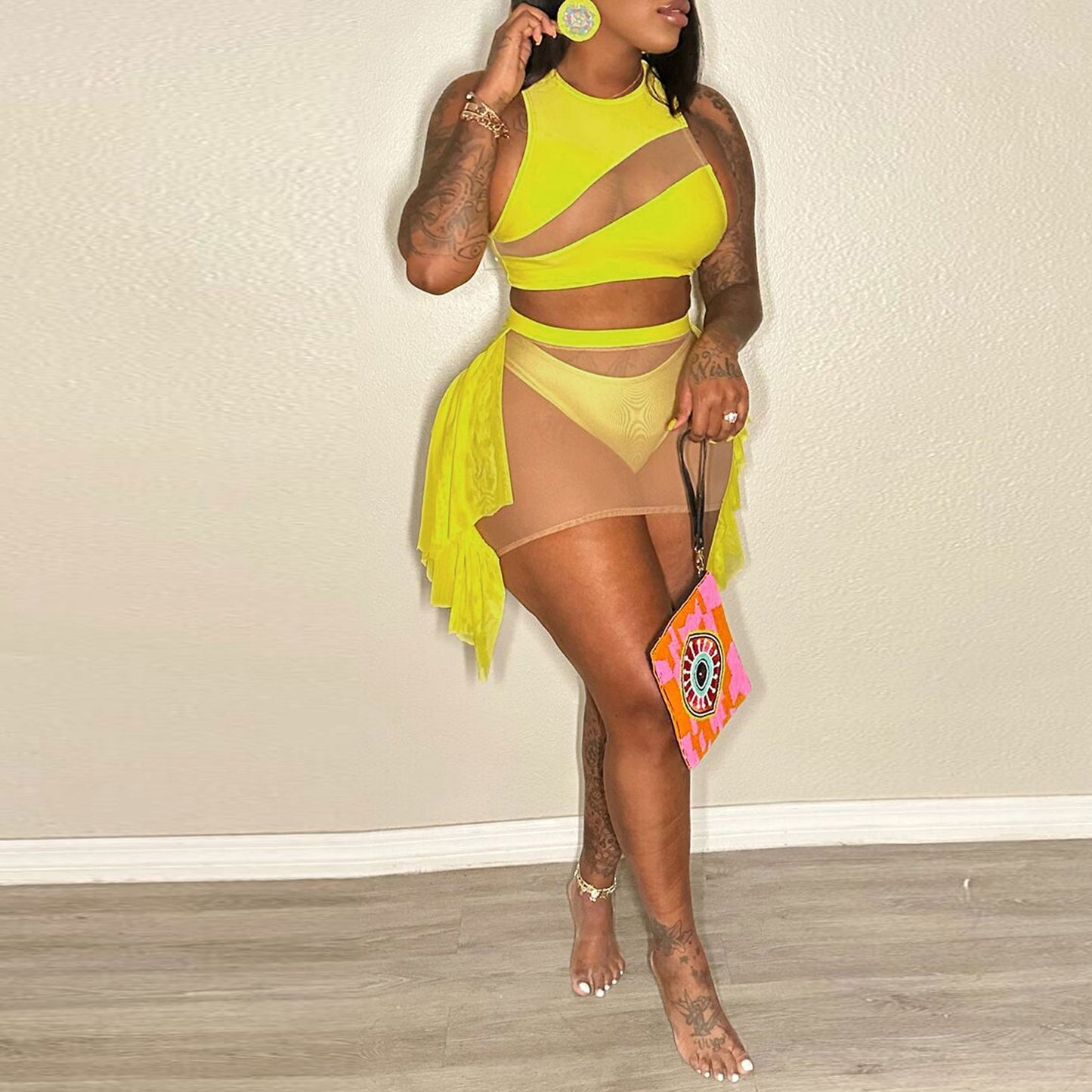 Plus Size Solid Mesh Patchwork Bikinis 3 Piece Swimsuit