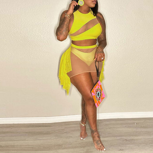 Plus Size Solid Mesh Patchwork Bikinis 3 Piece Swimsuit