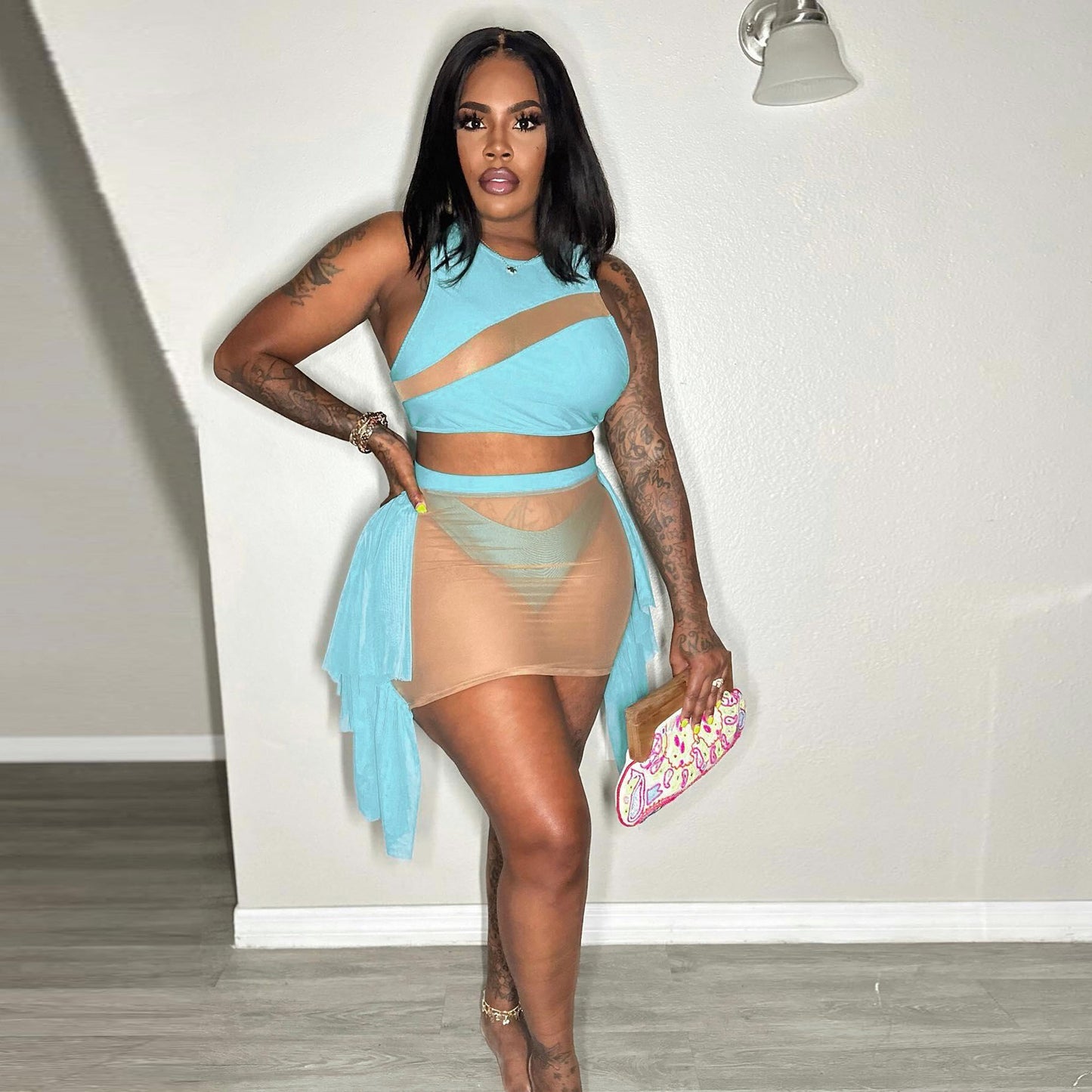 Plus Size Solid Mesh Patchwork Bikinis 3 Piece Swimsuit