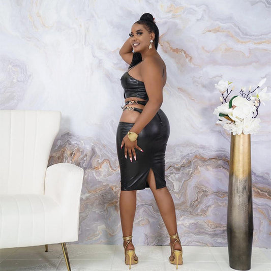 Plus Size PU Leather Hollow Out Split Bodycon Dress
