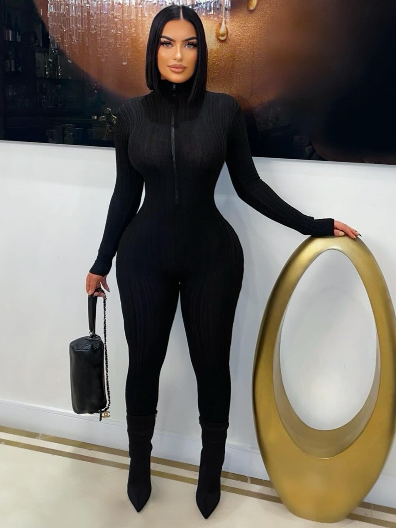 Solid Color Long Sleeve Zipper Sport Jumpsuit