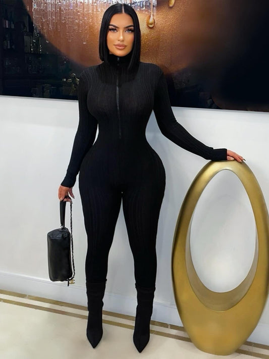 Solid Color Long Sleeve Zipper Sport Jumpsuit