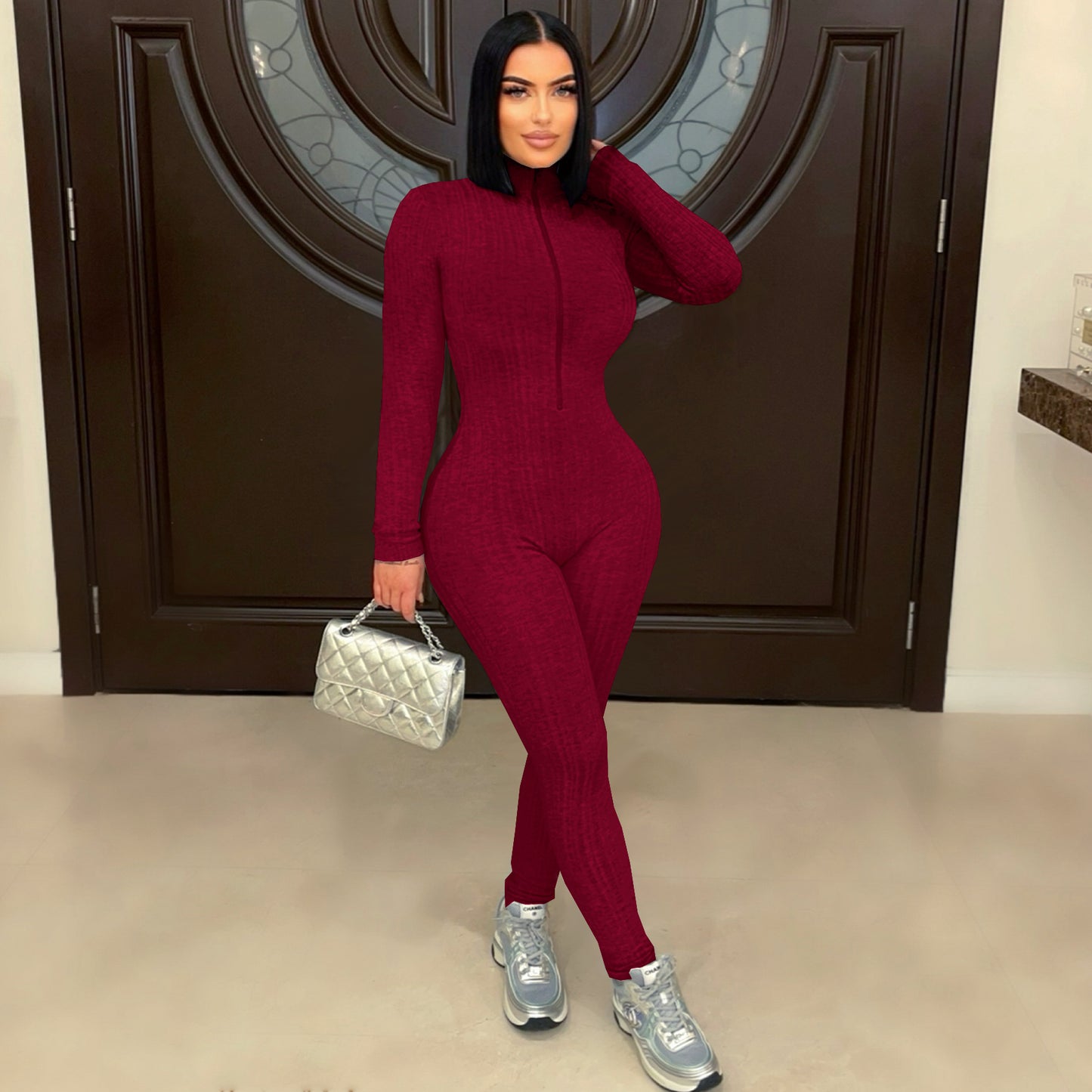 Solid Color Long Sleeve Zipper Sport Jumpsuit
