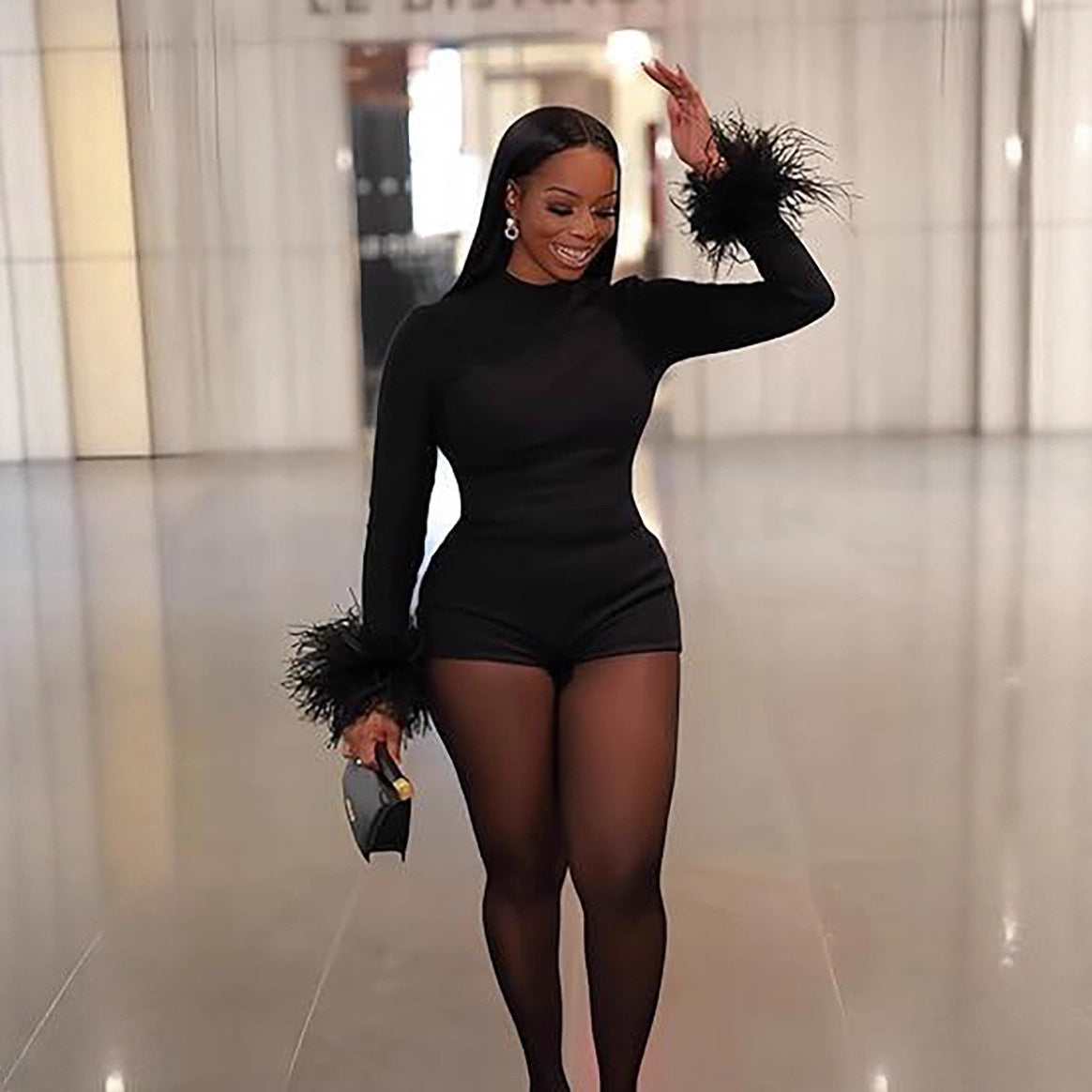 Backless Long Sleeve Tight Romper