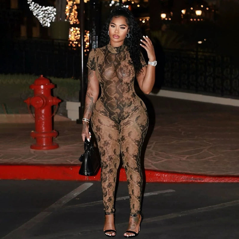 Print Short Sleeve Mesh Jumpsuit