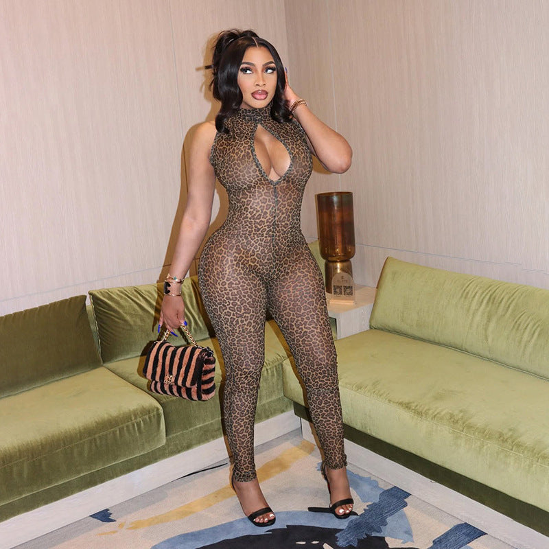 Leopard Mesh Hollow Out Tight Jumpsuit