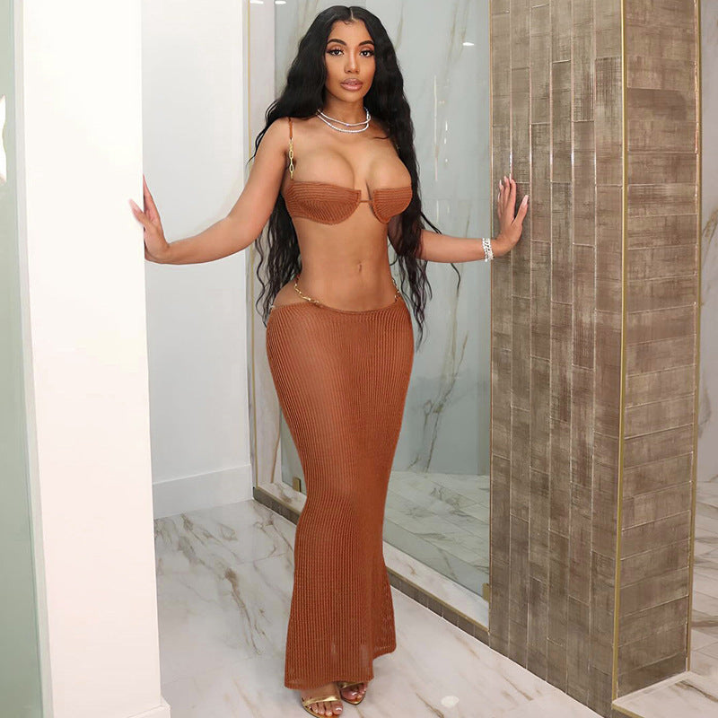 See Through Tie Up Tops Long Skirt 2 Piece Set