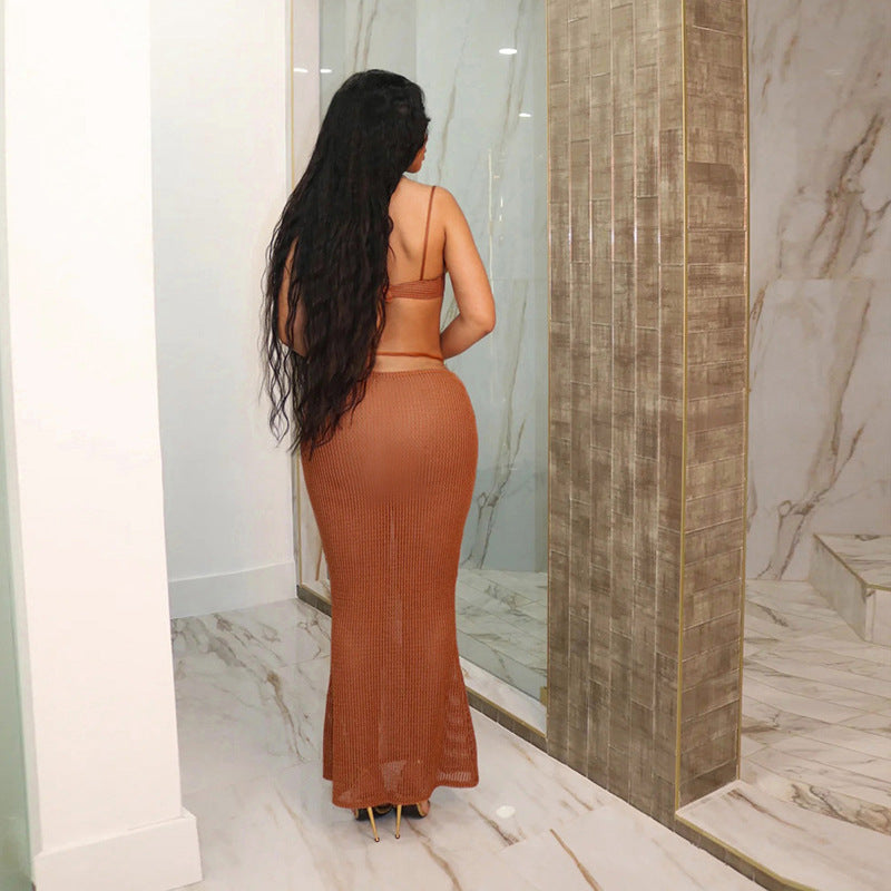 See Through Tie Up Tops Long Skirt 2 Piece Set