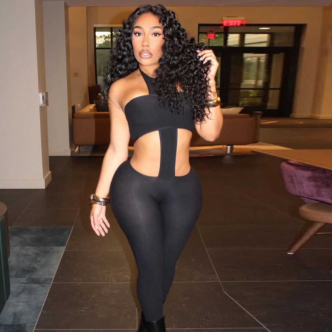 Backless Halterneck Solid Color Jumpsuit