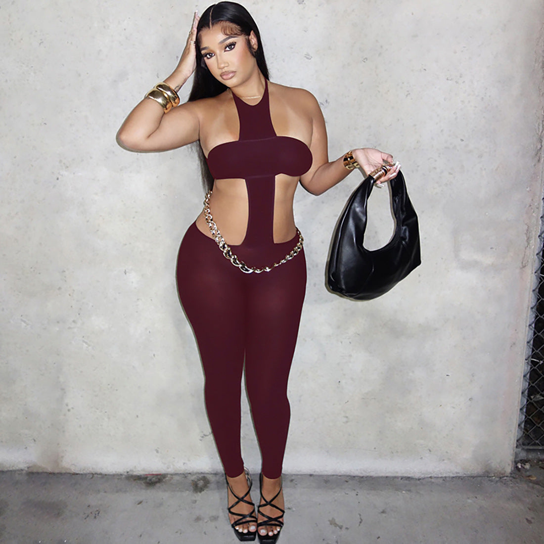 Backless Halterneck Solid Color Jumpsuit