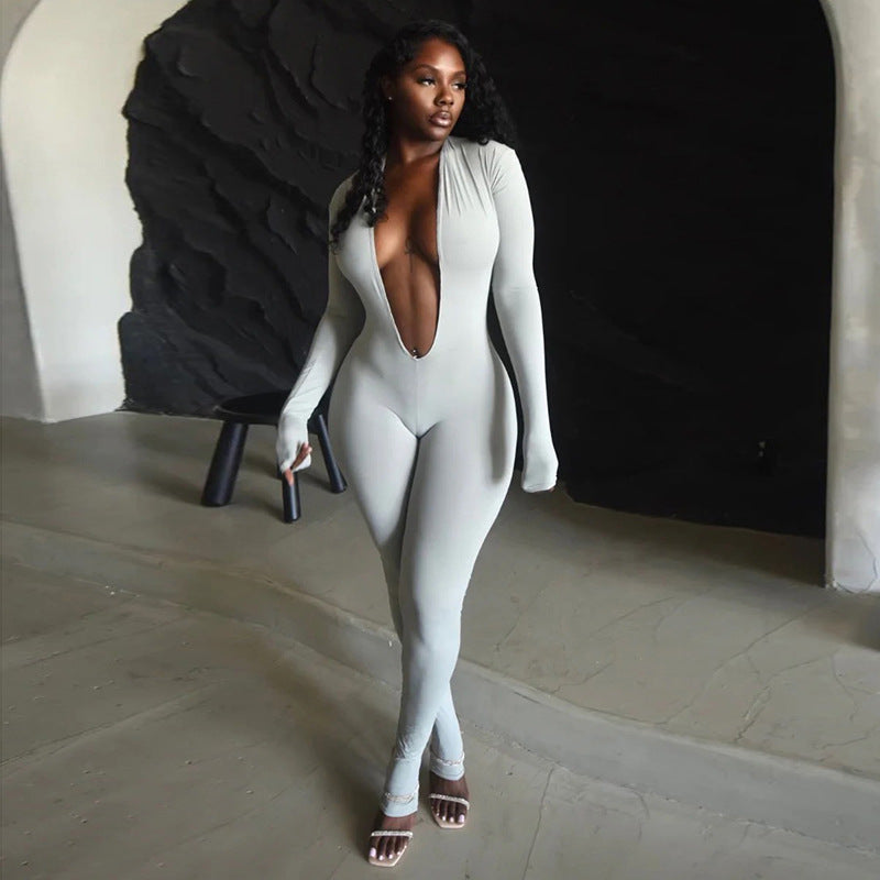 Deep V Neck Long Sleeve Solid Color Jumpsuit