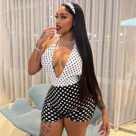 Contrast Color Polka Dot Print Backless Romper