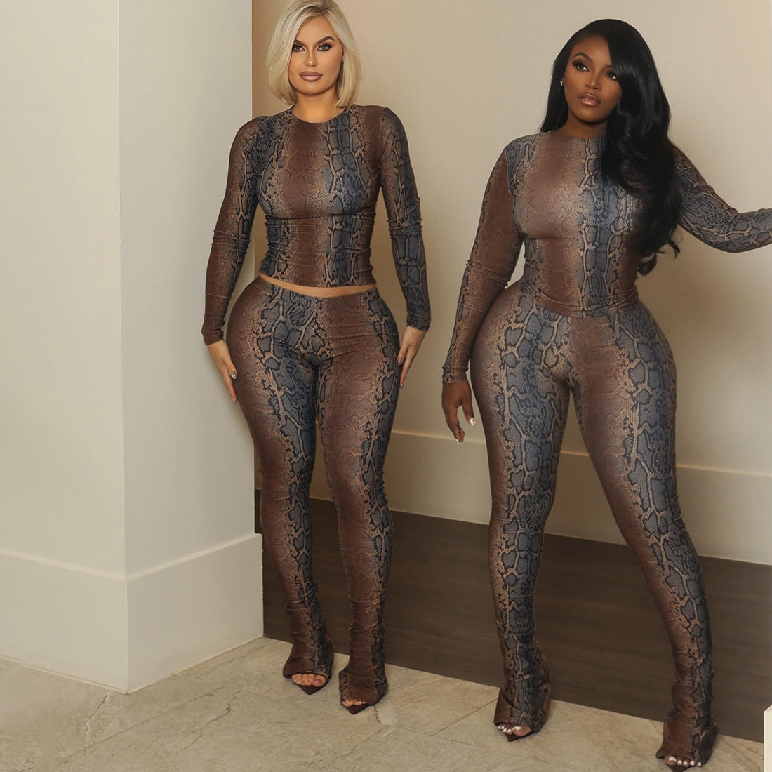Snake Print Long Sleeve Tight Pant Suit