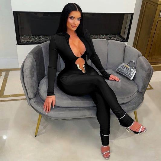 Deep V Neck Long Sleeve Tight Jumpsuit