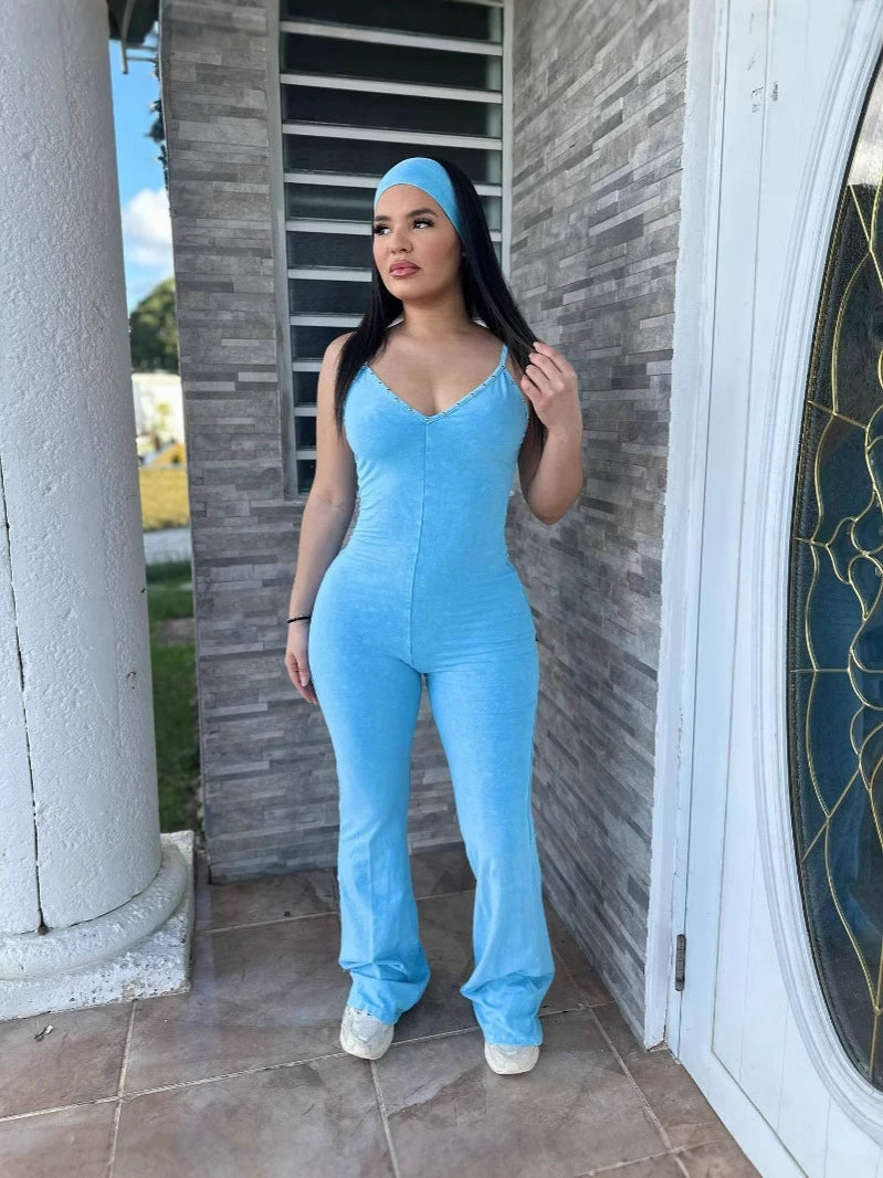 Sling Washed V Neck Denim Jumpsuit