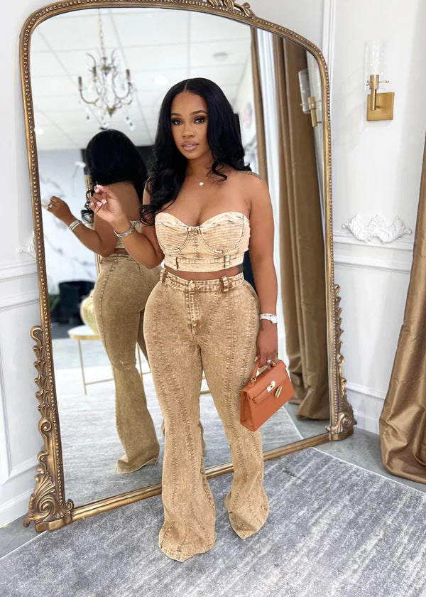 Print Wrap Chest Tops And Pants Denim Suit