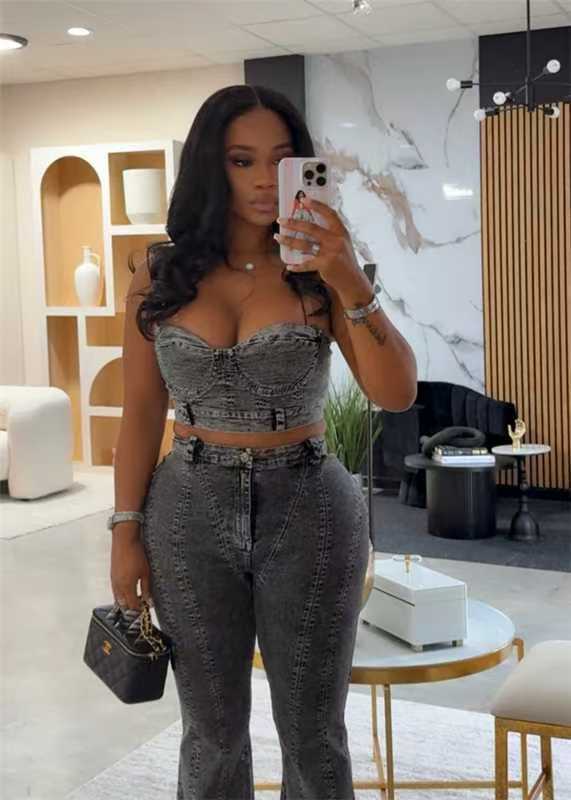 Print Wrap Chest Tops And Pants Denim Suit