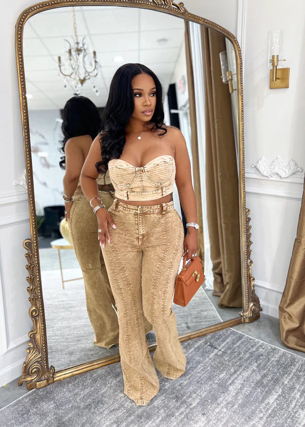Print Wrap Chest Tops And Pants Denim Suit