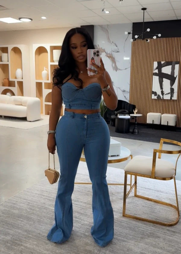Print Wrap Chest Tops And Pants Denim Suit