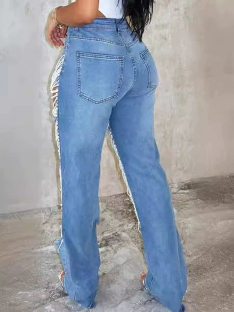 Chain Bead Hollow Out Straight Leg Jeans
