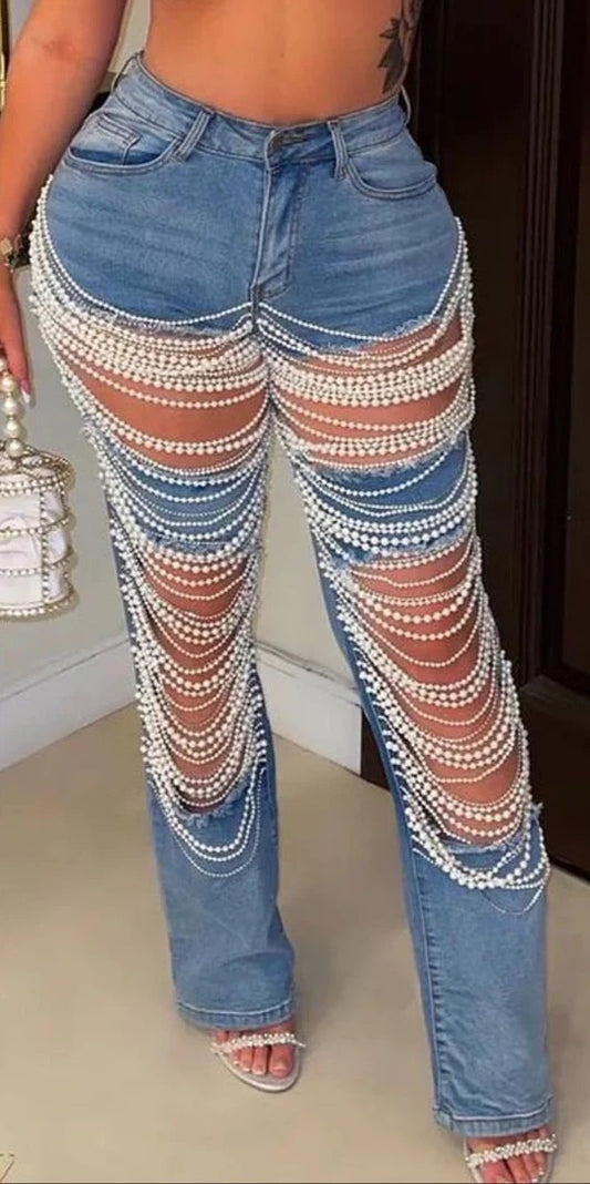 Chain Bead Hollow Out Straight Leg Jeans