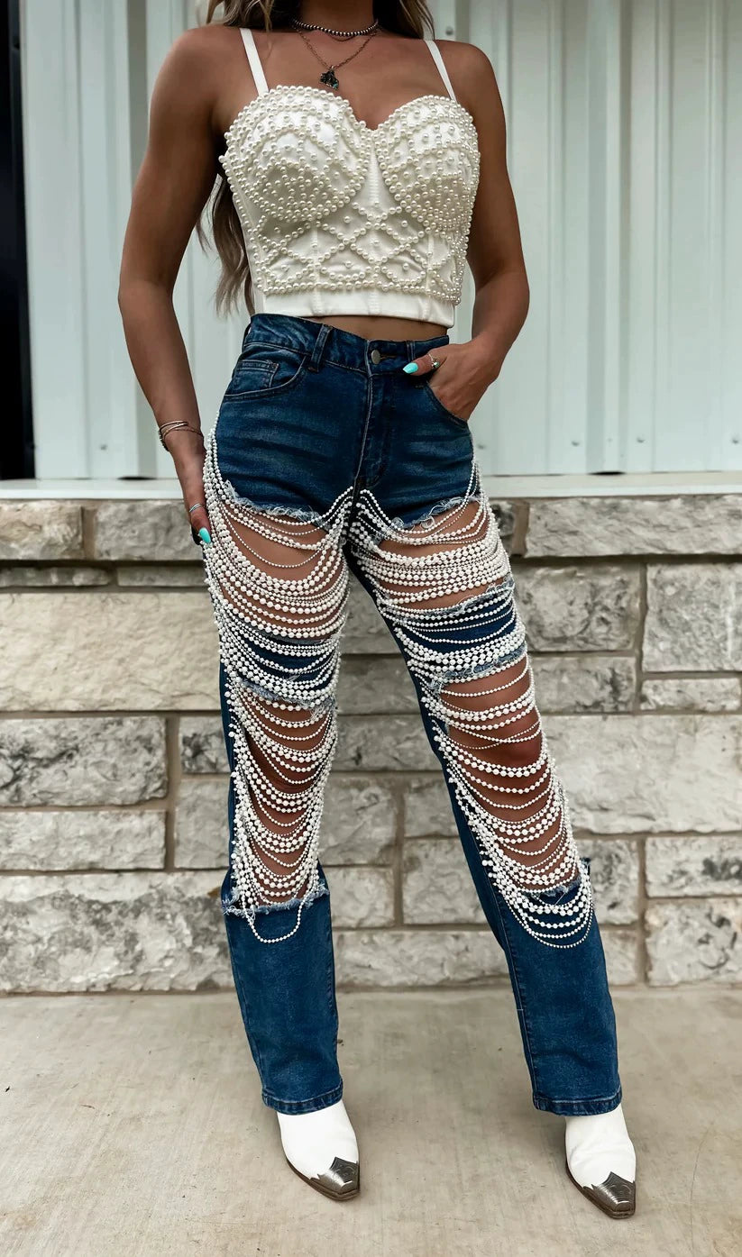 Chain Bead Hollow Out Straight Leg Jeans