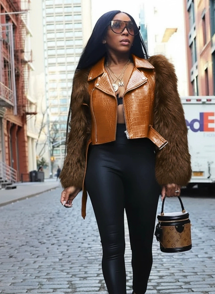 Patchwork Fur Faux Leather Short Jacket